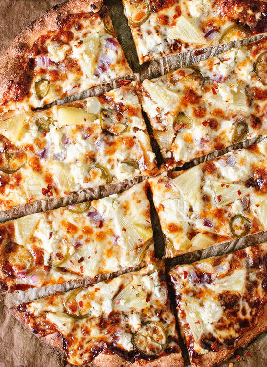 Barbecue pizza with sweet pineapple, spicy jalapeños and a sprinkle of salty feta! Totally irresistible. cookieandkate.com