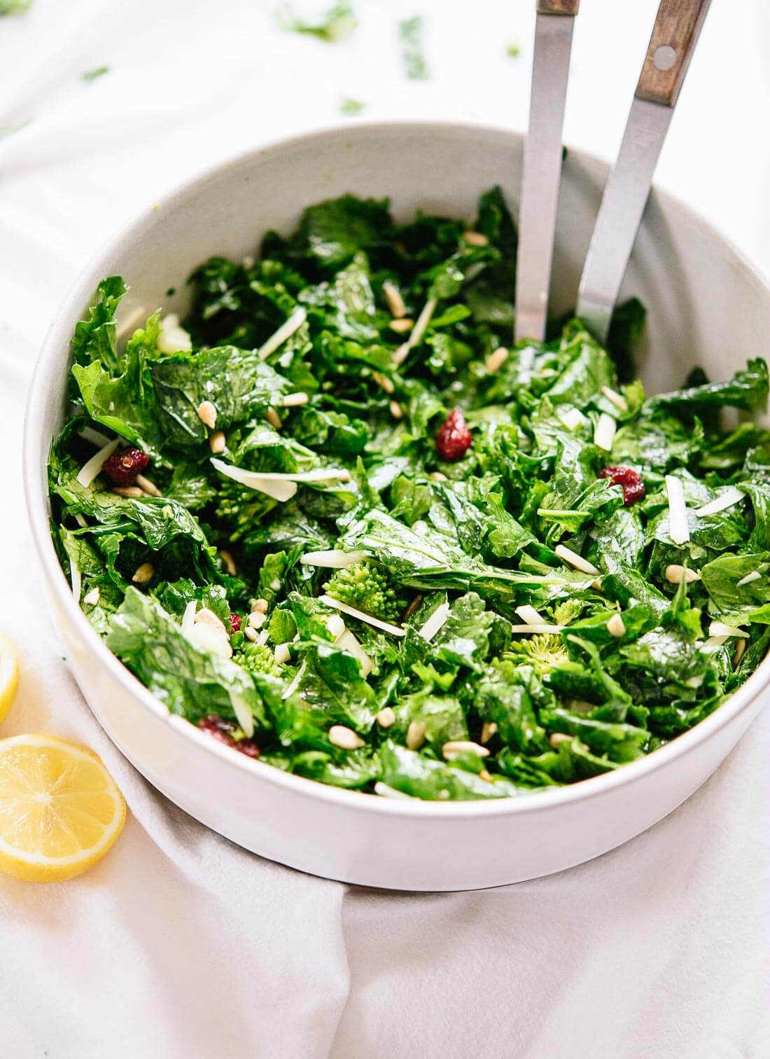 Lemony broccoli rabe salad with Parmesan, celery, cranberries and sunflower seeds! cookieandkate.com