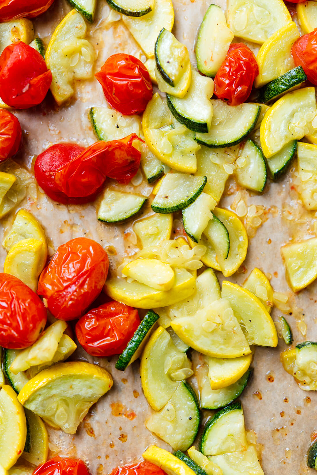 Roasted cherry tomatoes and summer squash